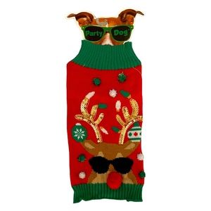 Party Dog | Dog Ugly Christmas Reindeer Sweater | Fits Medium Dog